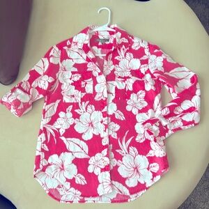 EUC Tommy Bahama XS Floral Hibiscus Pink & White Tropical Shirt - Dual Pockets